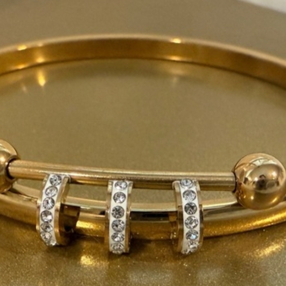 Stainless Steel Gold Plated With CZ Crystal Accent Bangle Bracelet - Picture 2 of 3
